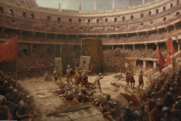 Foto gladiatori che combattono nel colosseo circondati da una folla festante