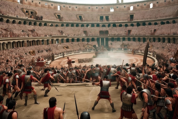 歓声を上げる群衆に囲まれたコロッセオで戦う剣闘士