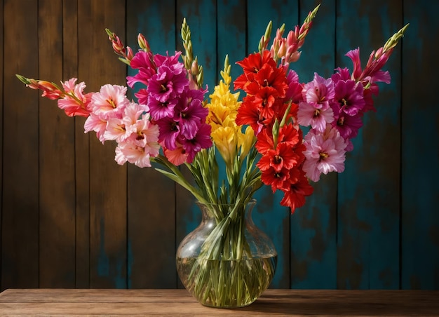 Photo gladioli in a vase on a wooden table