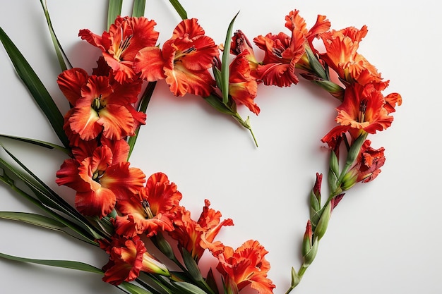 Gladiolus Laid Out In Heart Shape On White Background Top View