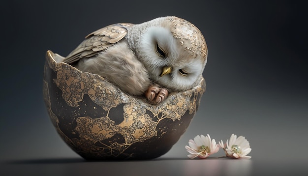 Glam metal baby owl sleeping.