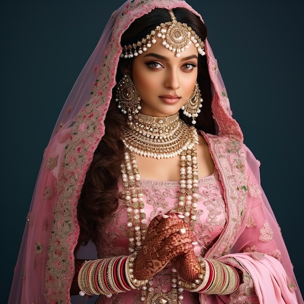 A glamor beautiful girl of Indian ethnicity wearing traditional pink bridal costumes and jewelry