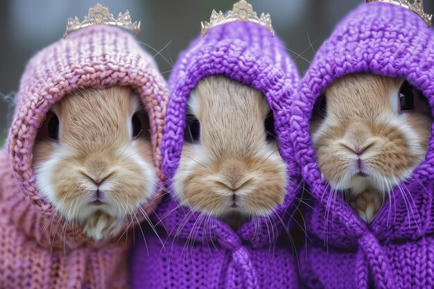Foto coniglietto affascinante in abiti e incoronato re delle bestie superstar festa nel mondo degli animali toni rosa viola