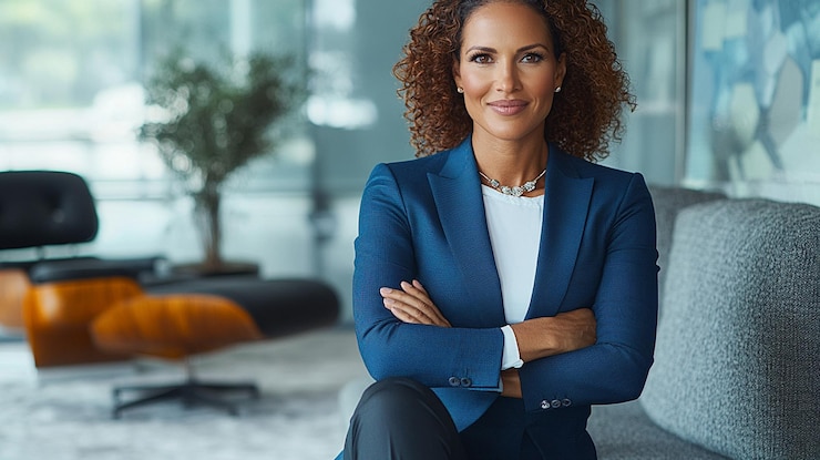 Photo a glamorous businesswoman confidently posing in front of her desk modern office setup