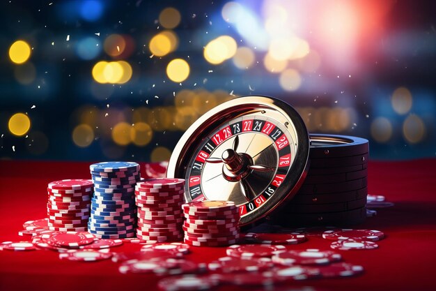 Glamorous casino vibes captivating roulette poker chips and dice amidst enchanting bokeh backdrop