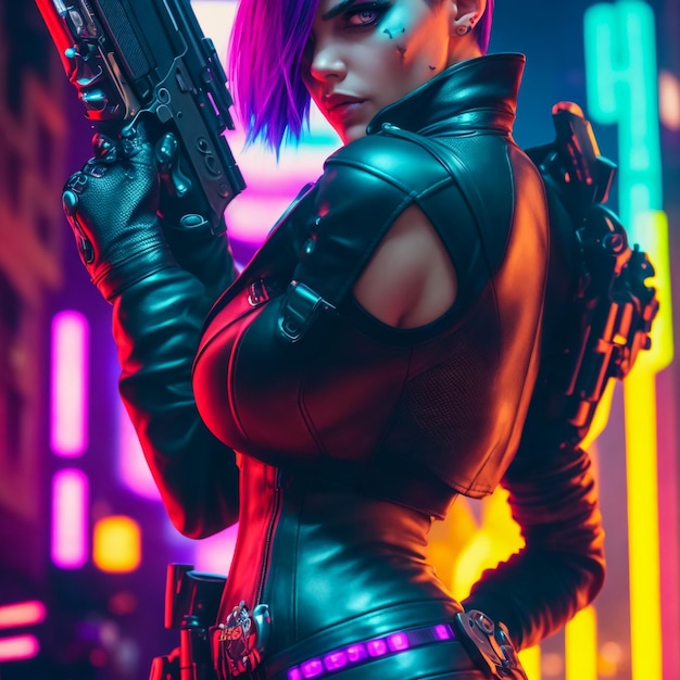 Photo glamorous cyberpunk girl with sword and knife agianst violet background