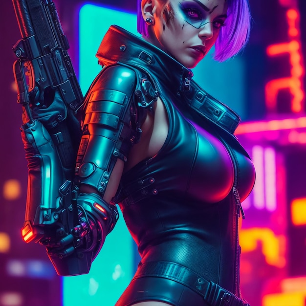 Glamorous cyberpunk girl with sword and knife agianst violet background