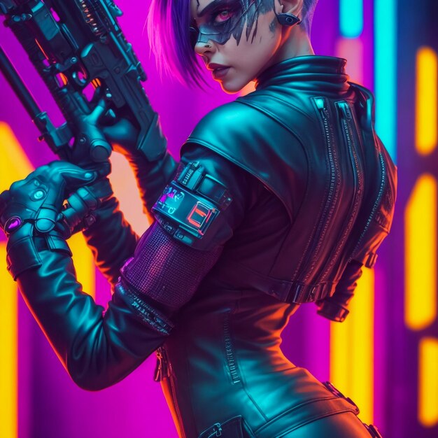 Photo glamorous cyberpunk girl with sword and knife agianst violet background