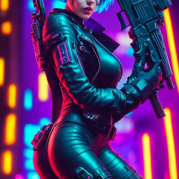 Glamorous cyberpunk girl with sword and knife agianst violet background