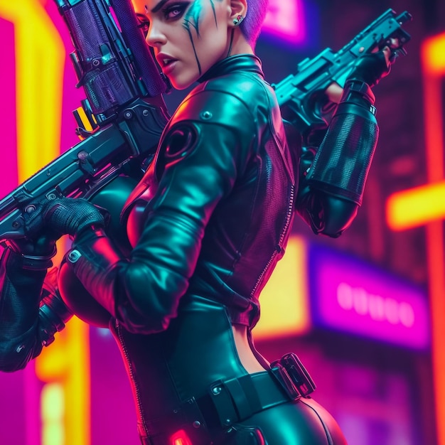 Glamorous cyberpunk girl with sword and knife agianst violet background