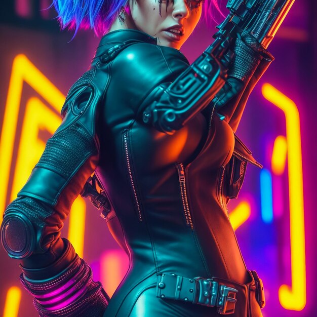 Photo glamorous cyberpunk girl with sword and knife agianst violet background