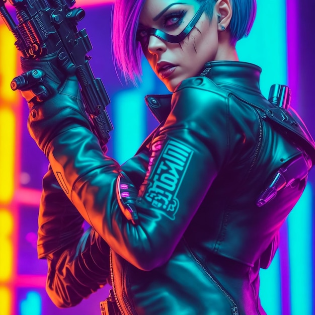 Glamorous cyberpunk girl with sword and knife agianst violet background