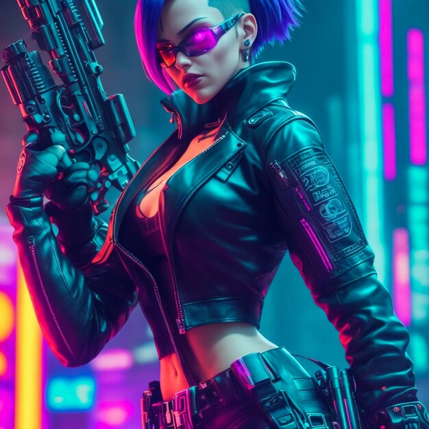 Photo glamorous cyberpunk girl with sword and knife agianst violet background