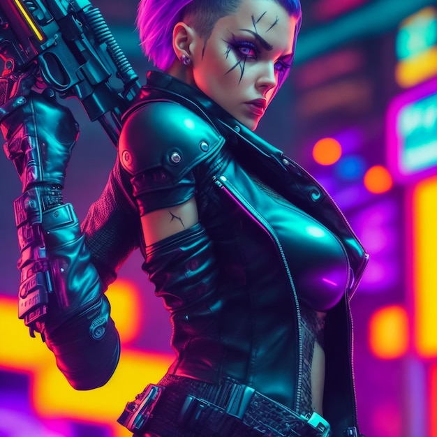 Glamorous cyberpunk girl with sword and knife agianst violet background