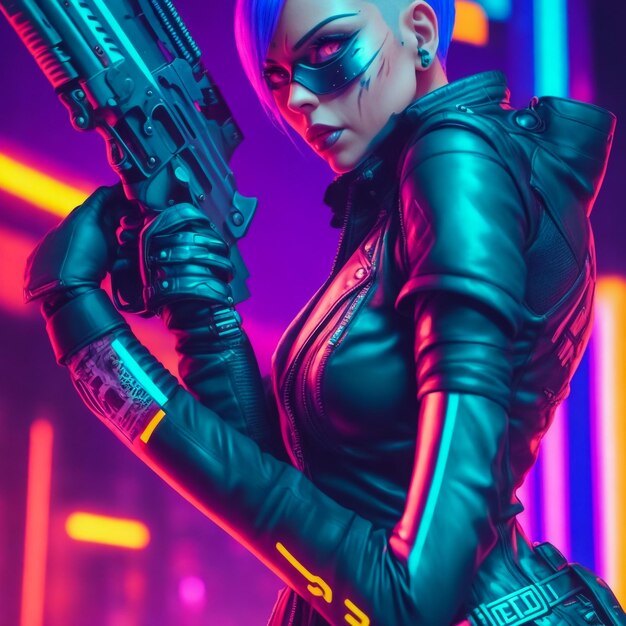 Glamorous cyberpunk girl with sword and knife agianst violet background