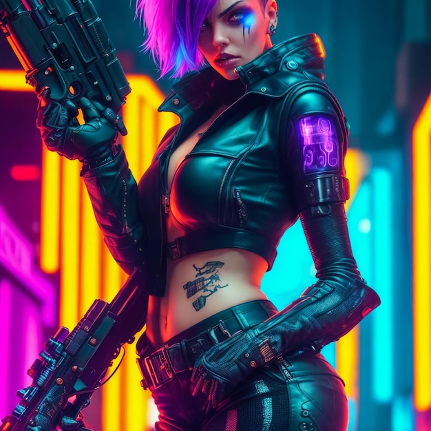 Photo glamorous cyberpunk girl with sword and knife agianst violet background