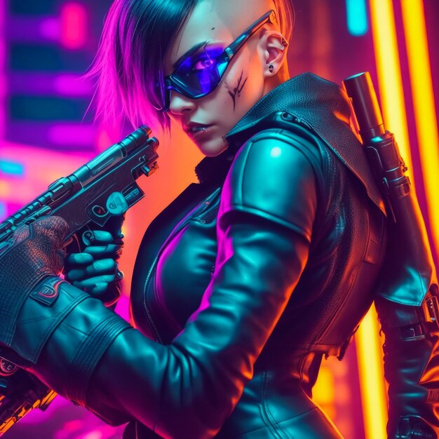 Glamorous cyberpunk girl with sword and knife agianst violet background