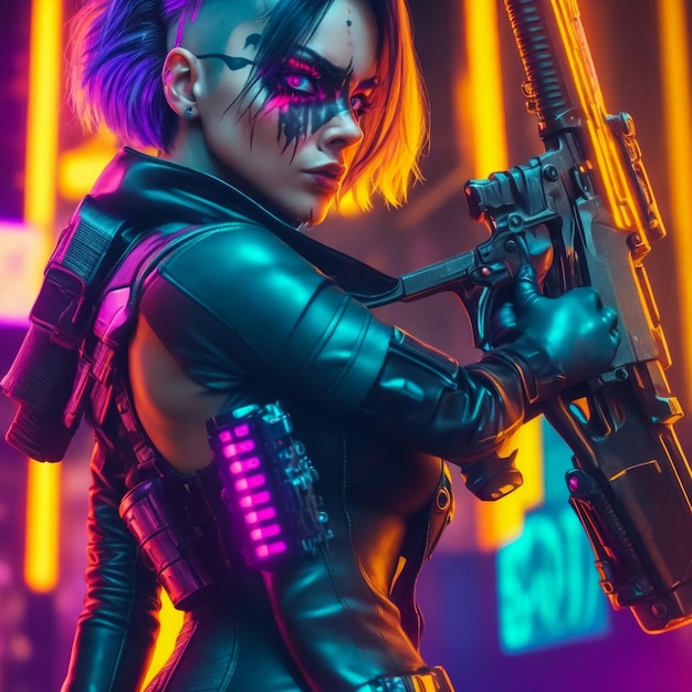 Glamorous cyberpunk girl with sword and knife agianst violet background