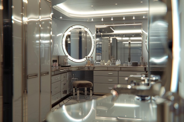 Glamorous dressing room with mirrored vanity octan