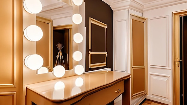 Glamorous dressing room with a vanity table and a full length mirror