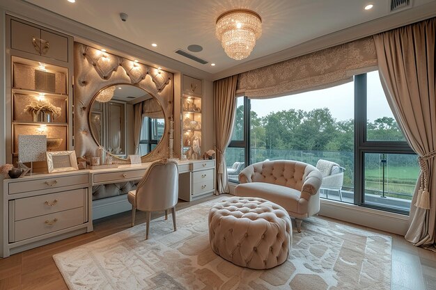 A glamorous dressing room with a vanity table glass window feminine and luxurious space