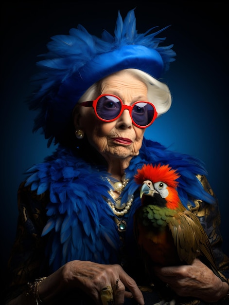Glamorous elderly woman with a parrot