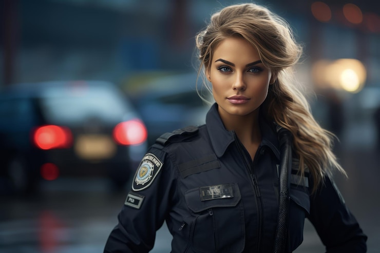 Фотография очаровательная и влиятельная красивая полицейская на работе