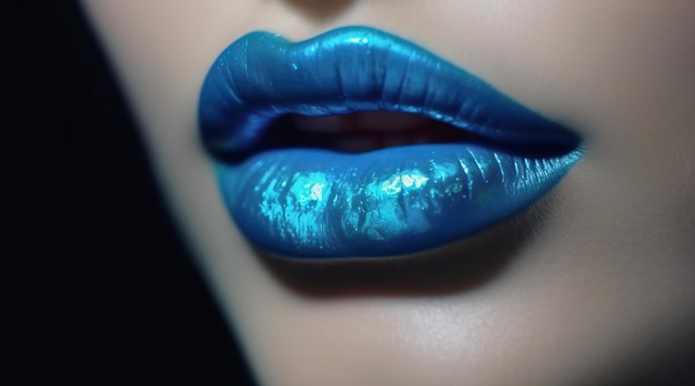 Glamorous fashion makeup with bright blue lip gloss with gloss Macro of the female part of the face glossy lip makeup gorgeous lady 8k Generative Ai