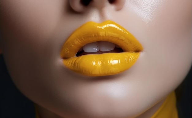 Glamorous fashion makeup with bright yellow lip gloss with gloss Macro of the female part of the face glossy lip makeup gorgeous lady Generative Ai