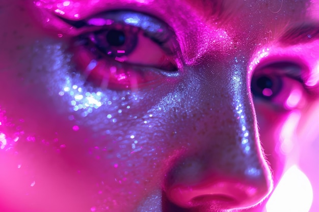 Photo glamorous female model in neon pink light with silver sparkles