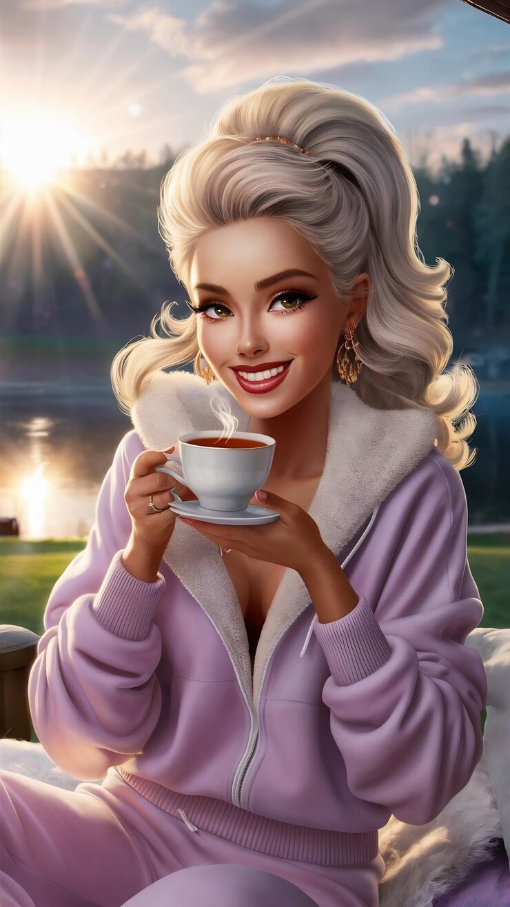 Photo glamorous girl with happy smile chilling in good morning positive female model drinking hot tea