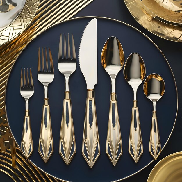 a glamorous gold cutlery set with a knife forks and spoons
