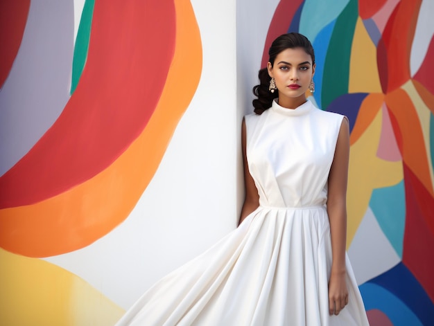 Glamorous indian model shines in modern dress on white backdrop