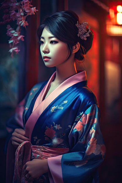 Glamorous Japanese Woman in Anime Style with Blurry Background