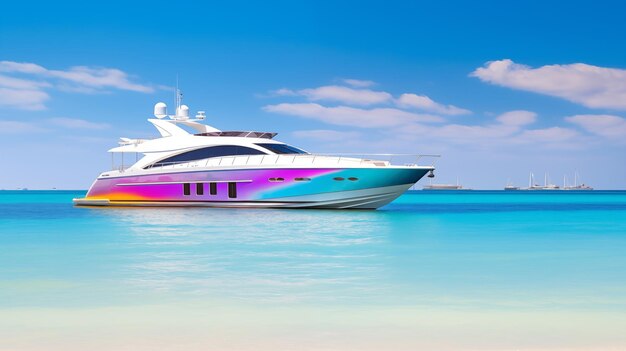 Гламурная роскошная яхта, закрепленная на спокойном бирюзовом океане под чистым голубым небом.