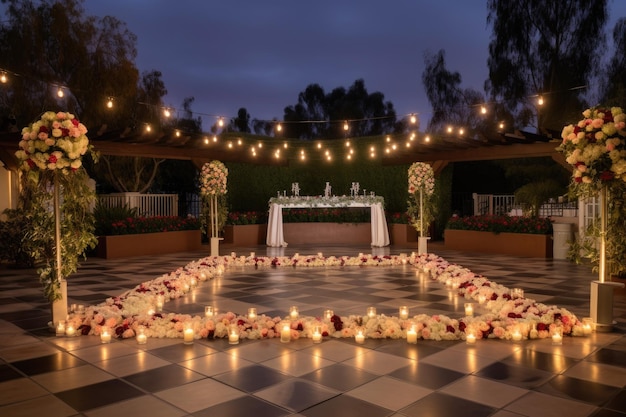 Glamorous outdoor dance floor with string lights candles and rose petals created with generative ai