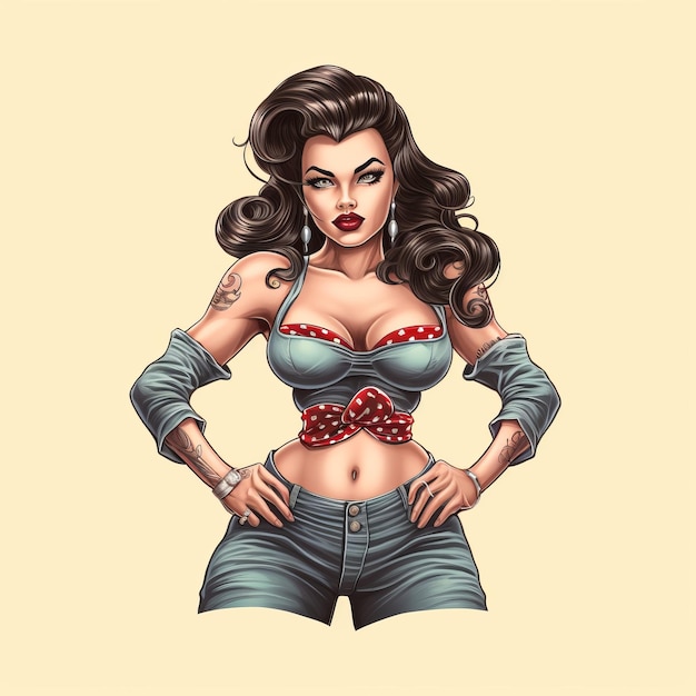 Glamorous Pinup Boxing Woman Illustrated Cartoon Style Tattoo Template