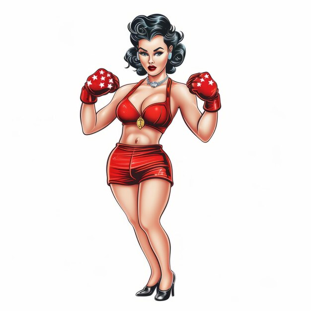 Foto glamorosa pinup girl con guanti di boxe rossi illustrazioni dettagliate dei personaggi