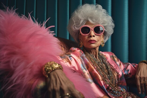 Glamorous portrait of an African American older woman wearing glasses sitting in an armchair