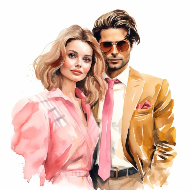 Glamorous Reconciled Couple In Wes Anderson Style Vibrant Watercolor Portraiture