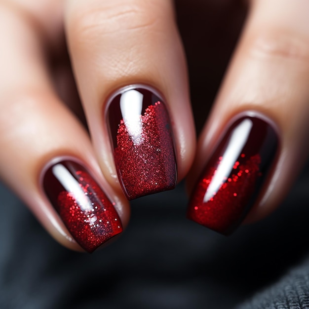 Photo glamorous red glitter nail manicure