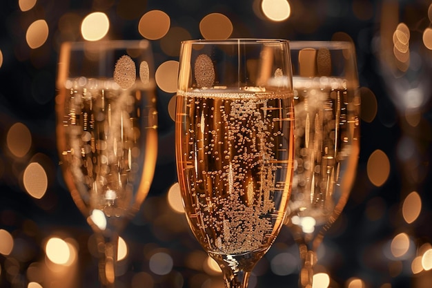 Glamorous setting Champagne glasses shimmer on dark background with lights