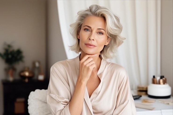 Glamorous Transformation A Stunning Mature Blonde Preparing for Success with Perfectly Applied Make