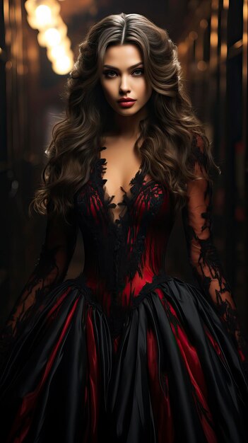 A glamorous vampire queen with bloodred lips dressed in a flowing black and crimson gown