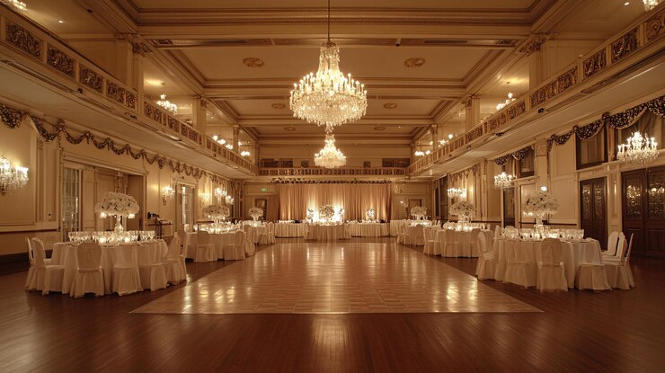 Photo a glamorous wedding reception set in a luxurious hotel ballroom with tables covered in satin linens and adorned with crystal candelabras as centerpieces the room is filled with soft lighting from