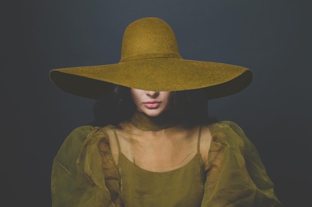 Glamorous woman brunette wearing wide broad brim hat on black background