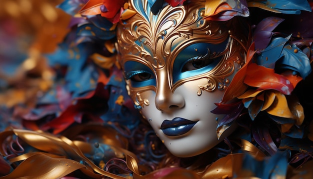 Photo a glamorous woman in a colorful mask celebrates mardi gras generated by artificial intelligence