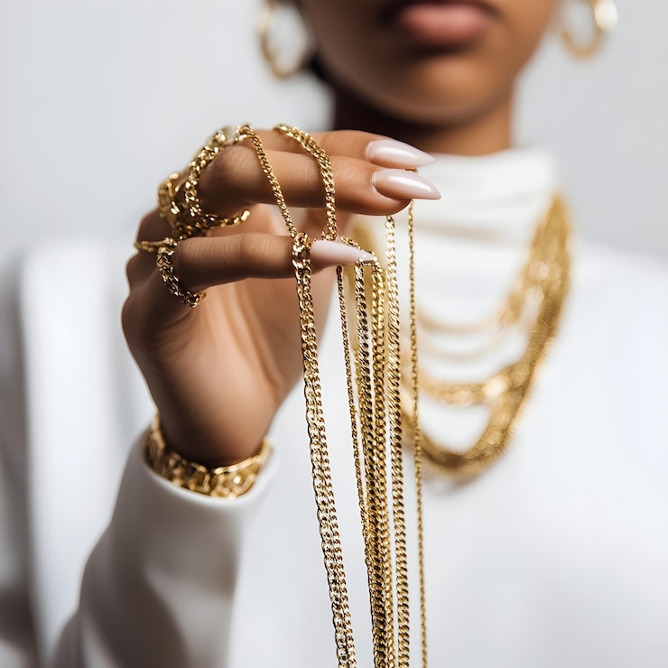 Photo glamorous woman holding multiple gold chains on white background