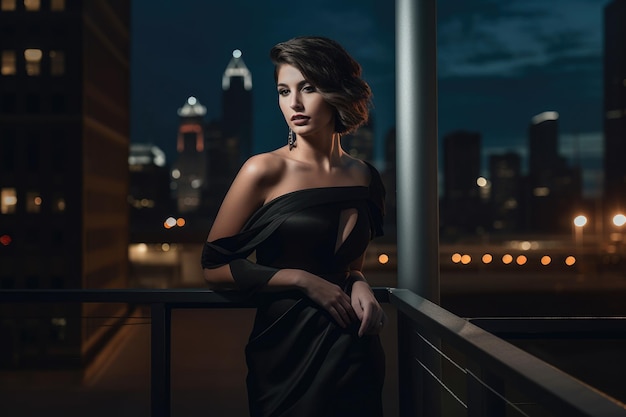 Glamorous woman in a sleek black gown against a city skyline with striking contrast