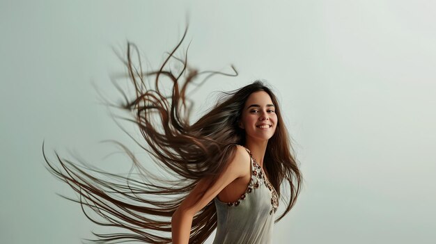 Photo glamorous woman with flowing hair on neutral background